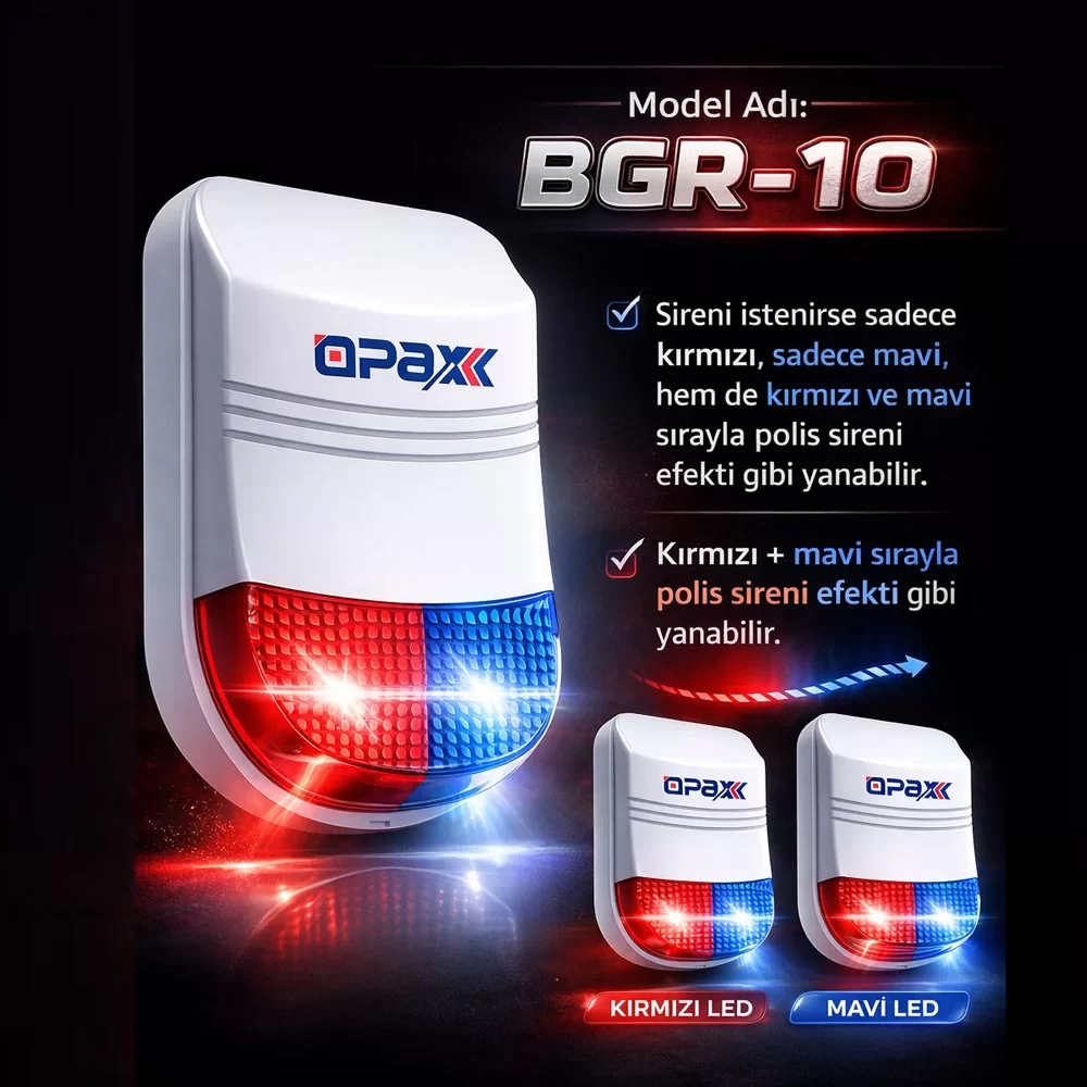BGR-10 KABLOLU 48 LED KIRMIZI / MAVİ / KIRMIZI+MAVİ IŞIKLI HARİCİ ALARM SİRENİ V2023