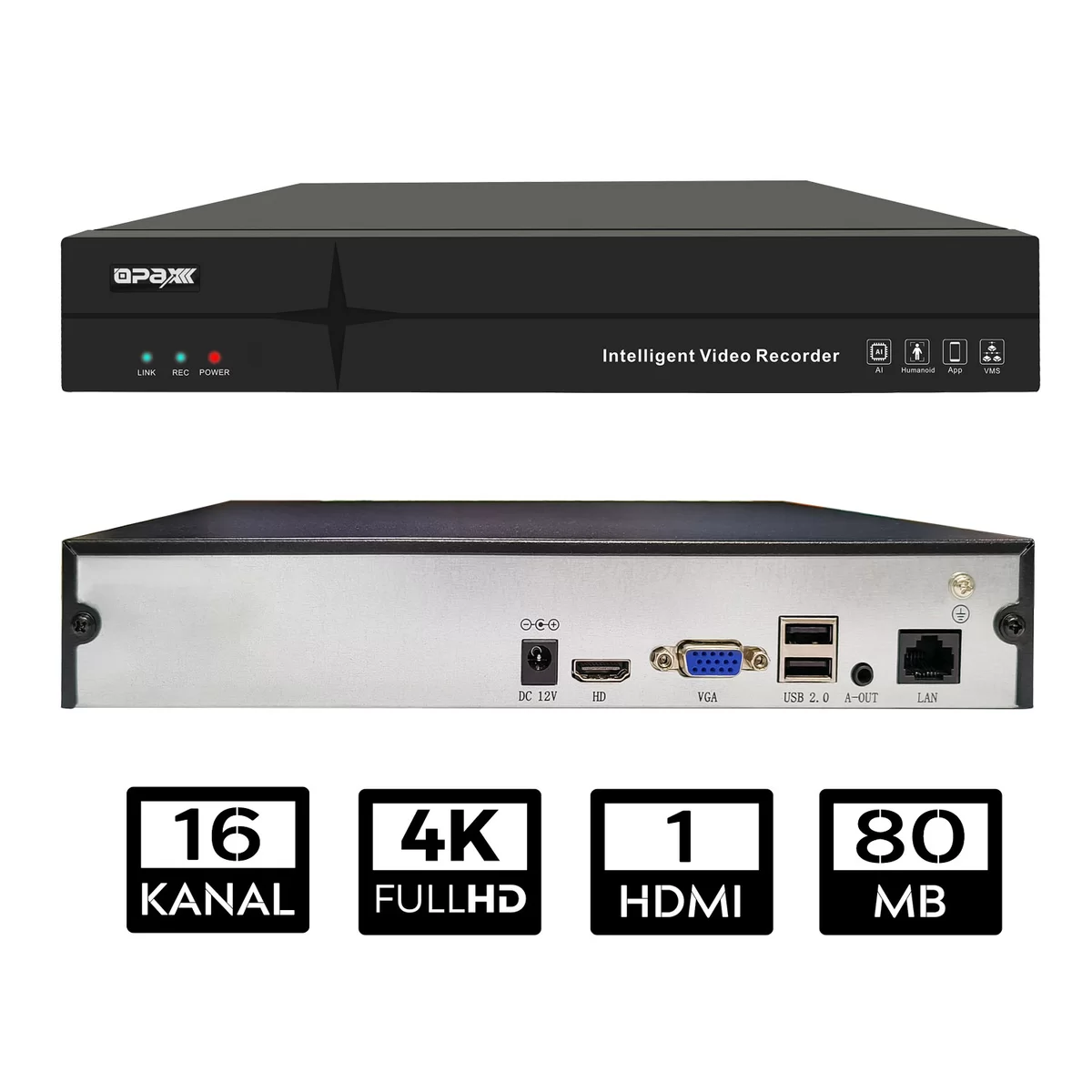 OPAX-16800 16 KANAL 4K VGA/HDMI H.265 16 KANAL SES 1 HDD NVR KAYIT CİHAZI