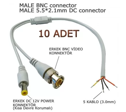 10 ADET GRİ HAZIR BNC KABLO ( ERKEK BNC-ERKEK POWER JACK)  30CM