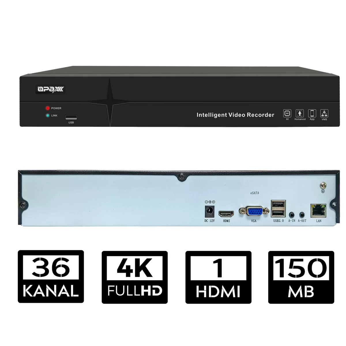 OPAX-36800 36 KANAL 4K  2HDD  NVR KAYIT CİHAZI
