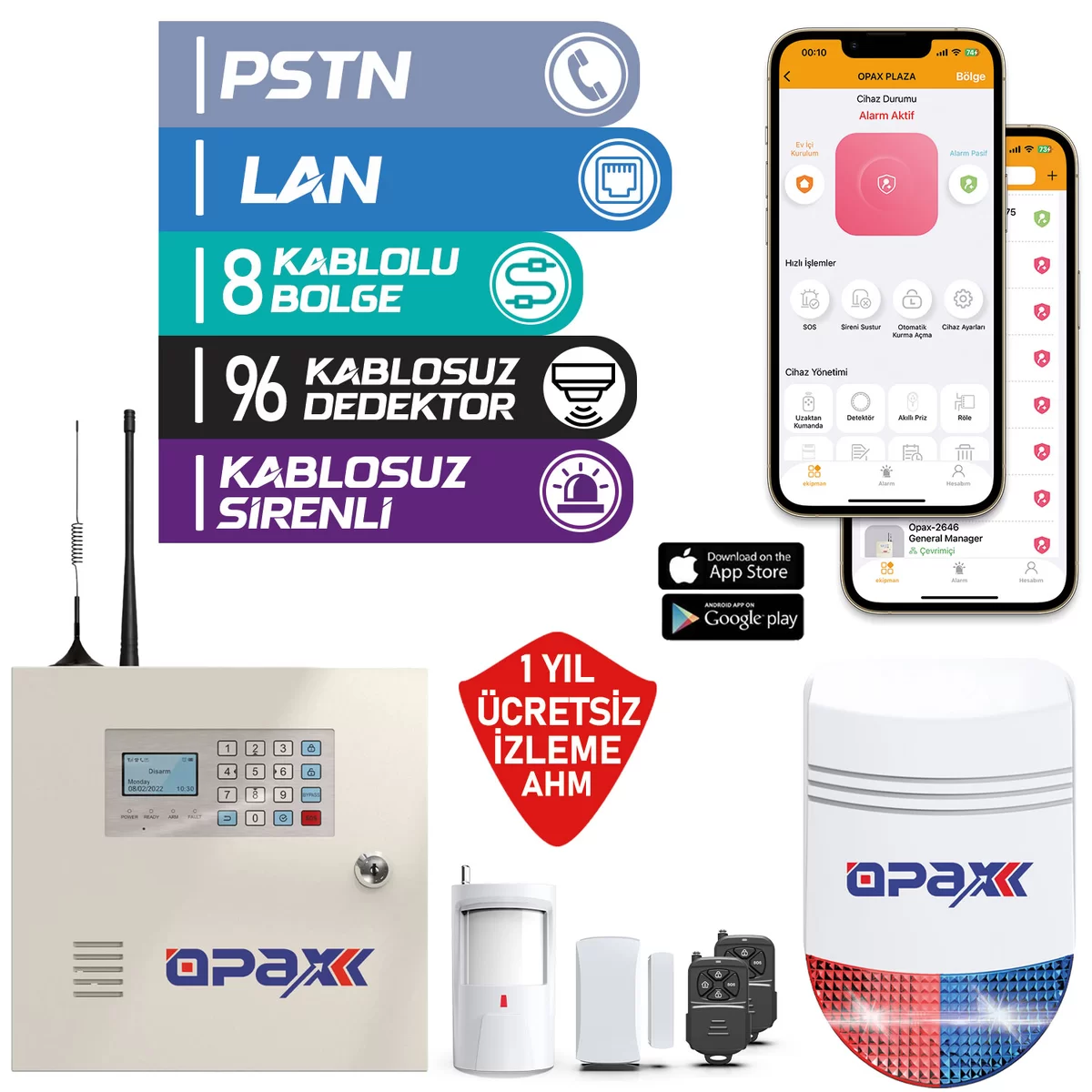 OPAX-2545LAN BGR-09 KABLOSUZ SİRENLİ AKÜLÜ LAN/PSTN KABLOLU/KABLOSUZ  EV VE İŞYERİ ALARM SETİ