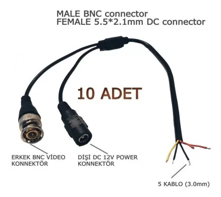 10 ADET SİYAH HAZIR BNC KABLO ( ERKEK BNC- DİŞİ POWER  JACK)  30CM
